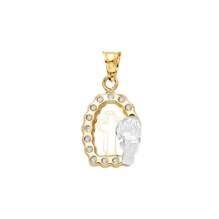 14k Yellow Gold with White CZ Accented Small/Mini Praying Boy Charm Pendant  (20mm x 12mm)