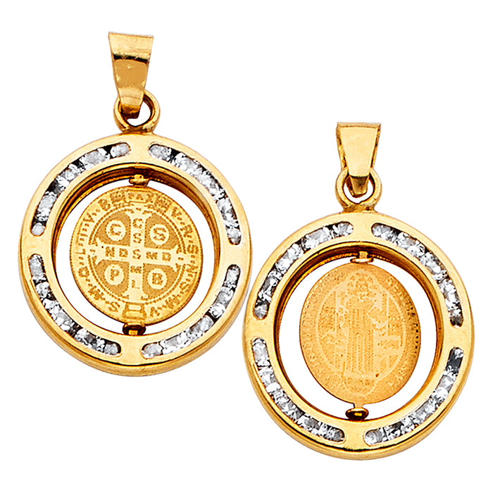 14k Yellow Gold Rot San Benito Round Medal with Channel Set White CZ Stones  (16mm x 16mm)