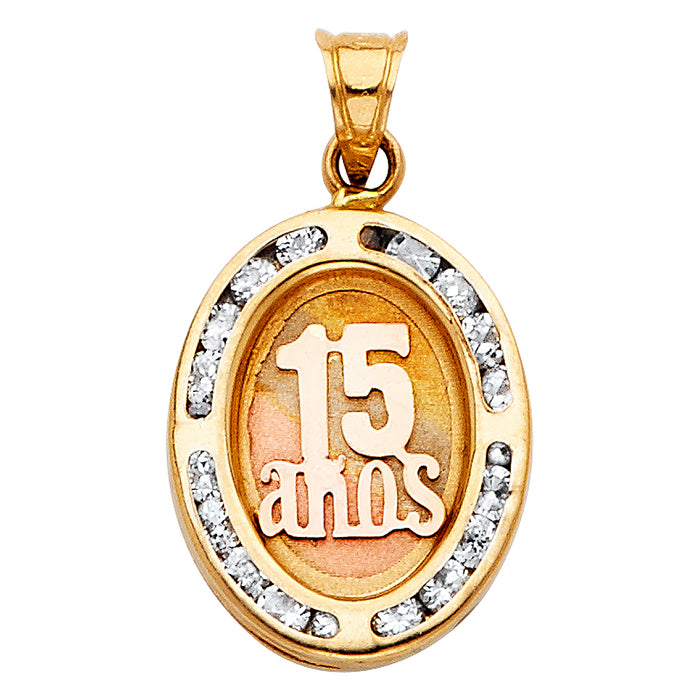 14K Tri-Color Gold with White CZ Accented Small/Mini 15 Years Birthday or Anniversary Charm Pendant  (17mm x 14mm)