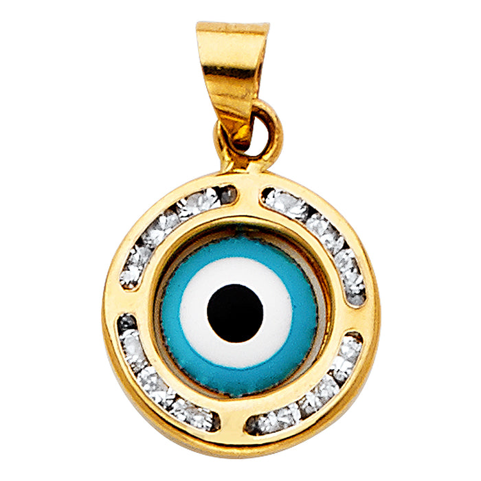 14K Tri-Color Gold with White CZ Accented Small/Mini Evil Eye Charm Pendant  (11mm x 11mm)