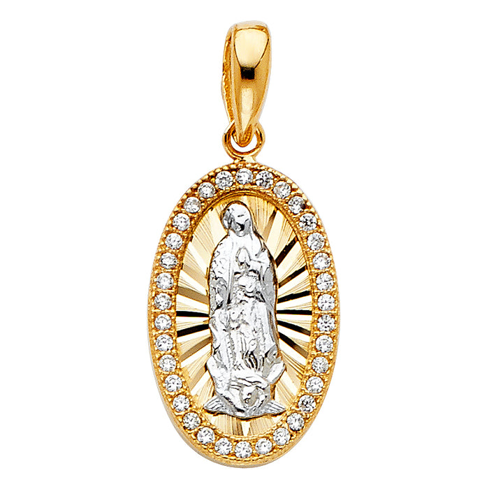 14K Two-tone Gold with White CZ Accented Our Lady Of Guadalupe Charm Pendant  (18mm x 11mm)