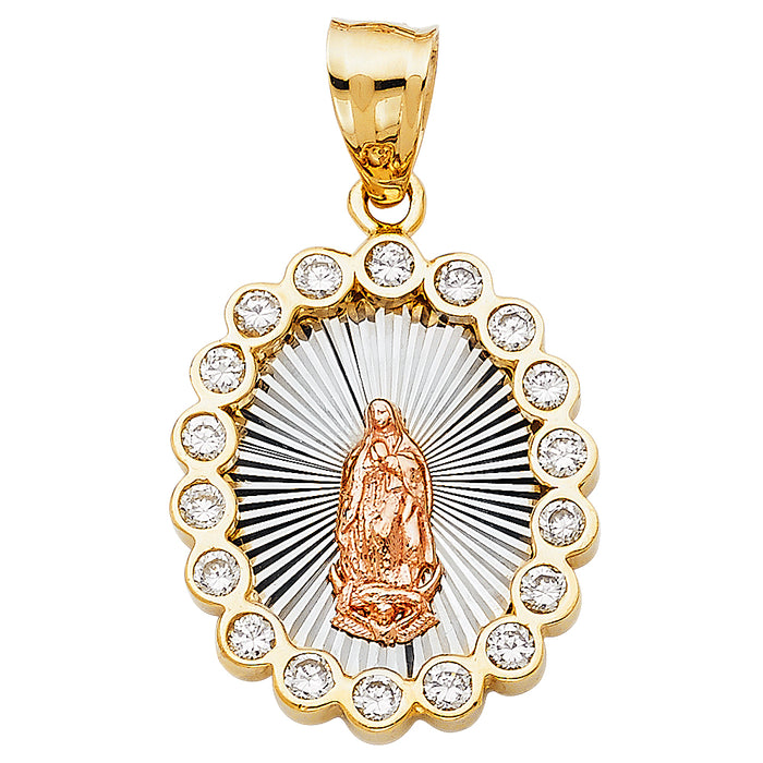 14K Tri-Color Gold Large CZ Our Lady Of Guadalupe Charm Pendant  (26mm x 22mm)