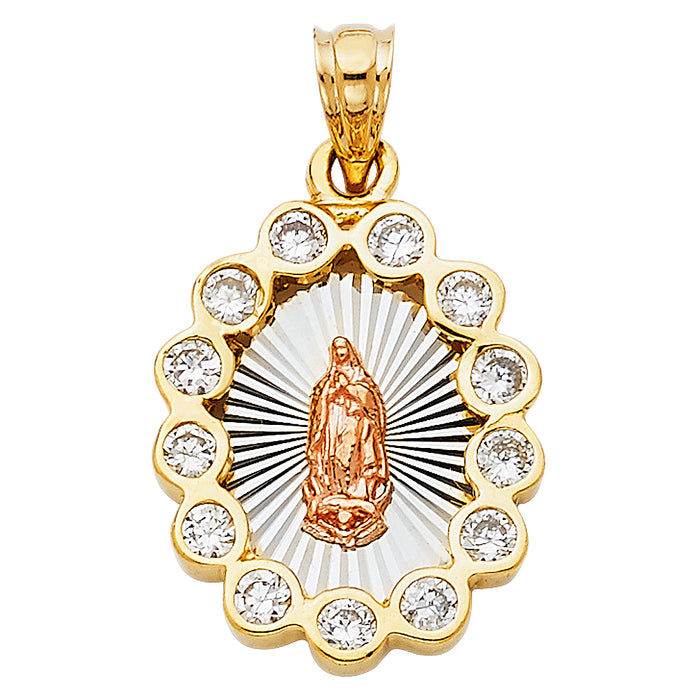 14K Tri-Color Gold with White CZ Accented Our Lady Of Guadalupe Charm Pendant  (20mm x 17mm)