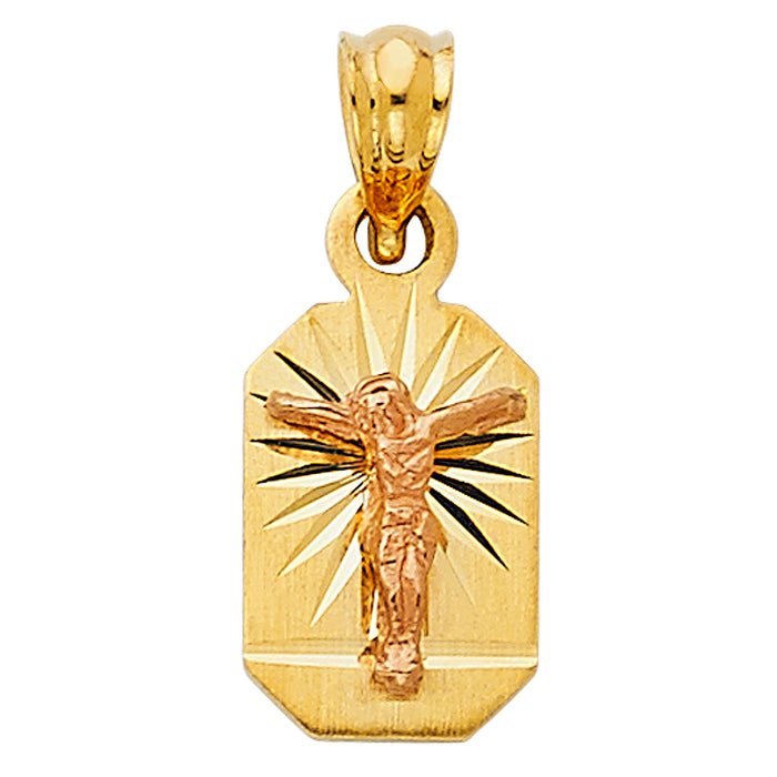 14K Two-tone Gold Small/Mini Religious Crucifix Stamp Charm Pendant  (12mm x 9mm)