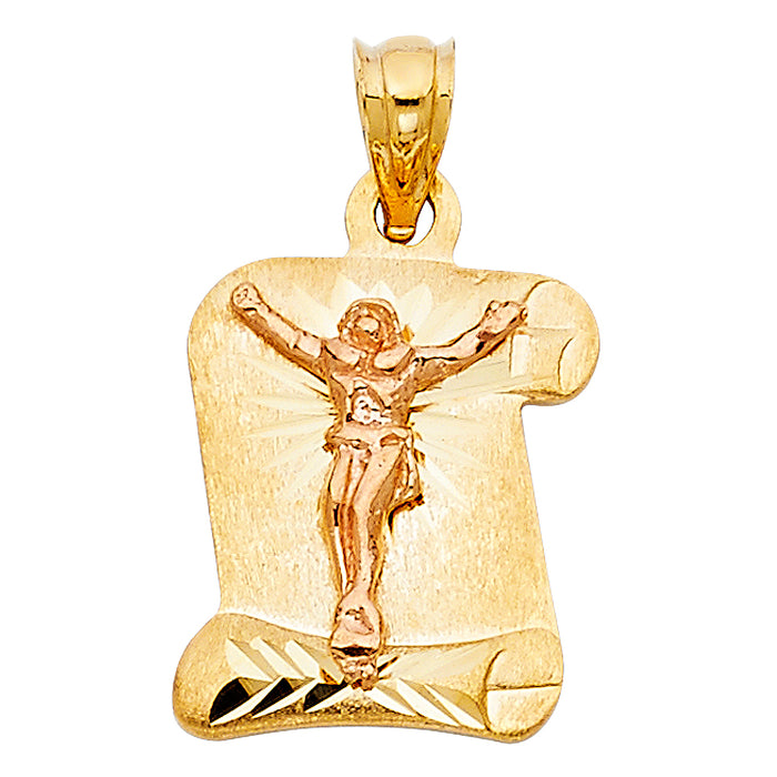 14K Two-tone Gold Religious Crucifix Stamp Charm Pendant  (17mm x 14mm)
