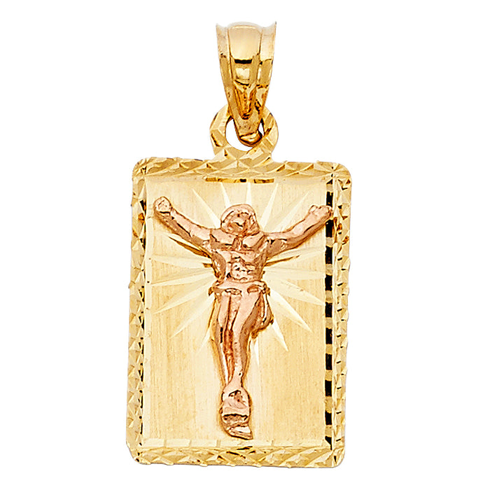 14K Two-tone Gold Religious Crucifix Stamp Charm Pendant  (19mm x 13mm)