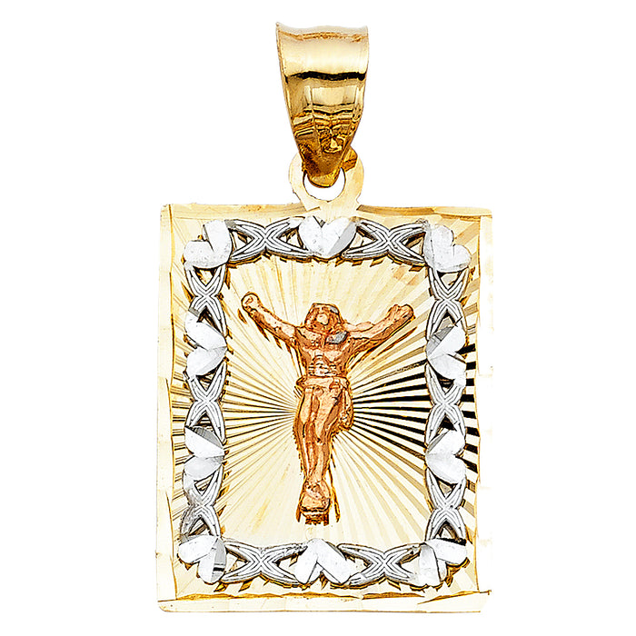 14K Tri-color Gold Religious Crucifix Stamp Charm Pendant  (25mm x 21mm)
