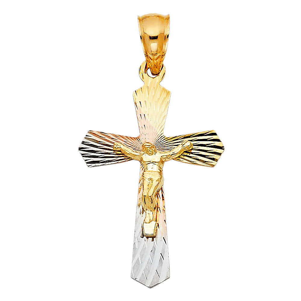 14K Tri-color Gold Religious Crucifix Stamp Charm Pendant  (30mm x 21mm)