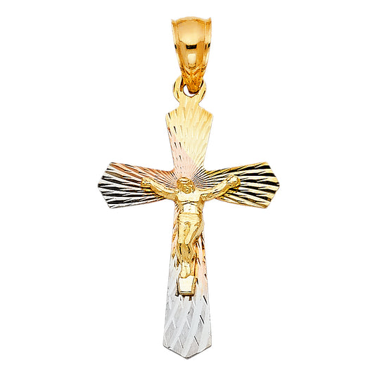 14K Tri-color Gold Religious Crucifix Stamp Charm Pendant  (30mm x 21mm)