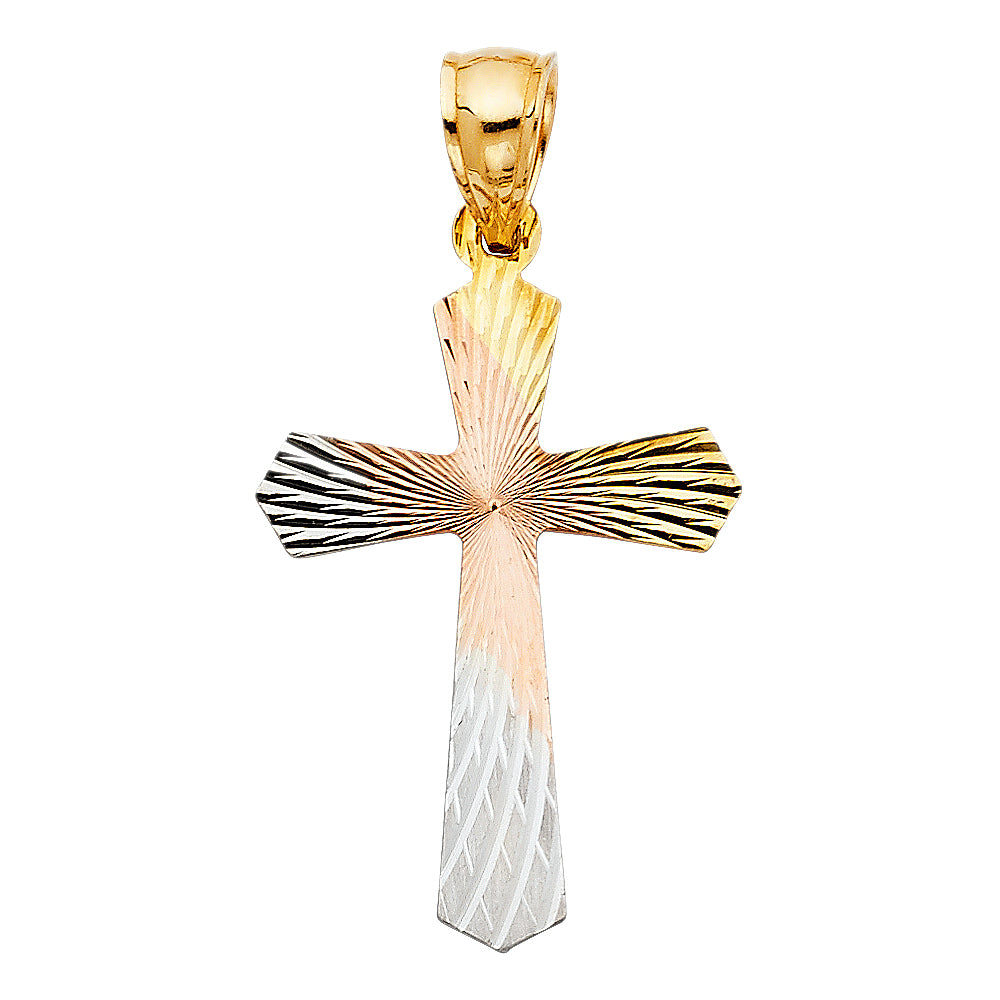 14K Tri-color Gold Religious Cross Stamp Charm Pendant  (30mm x 21mm)