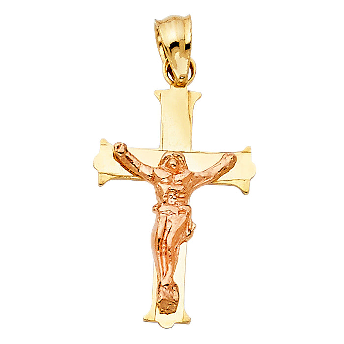 14K Two-tone Gold Small/Mini Religious Crucifix Stamp Charm Pendant  (20mm x 14mm)