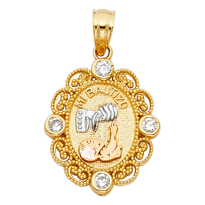 14K Tri-Color Gold with White CZ Accented Small/Mini Baptism Charm Pendant  (18mm x 15mm)