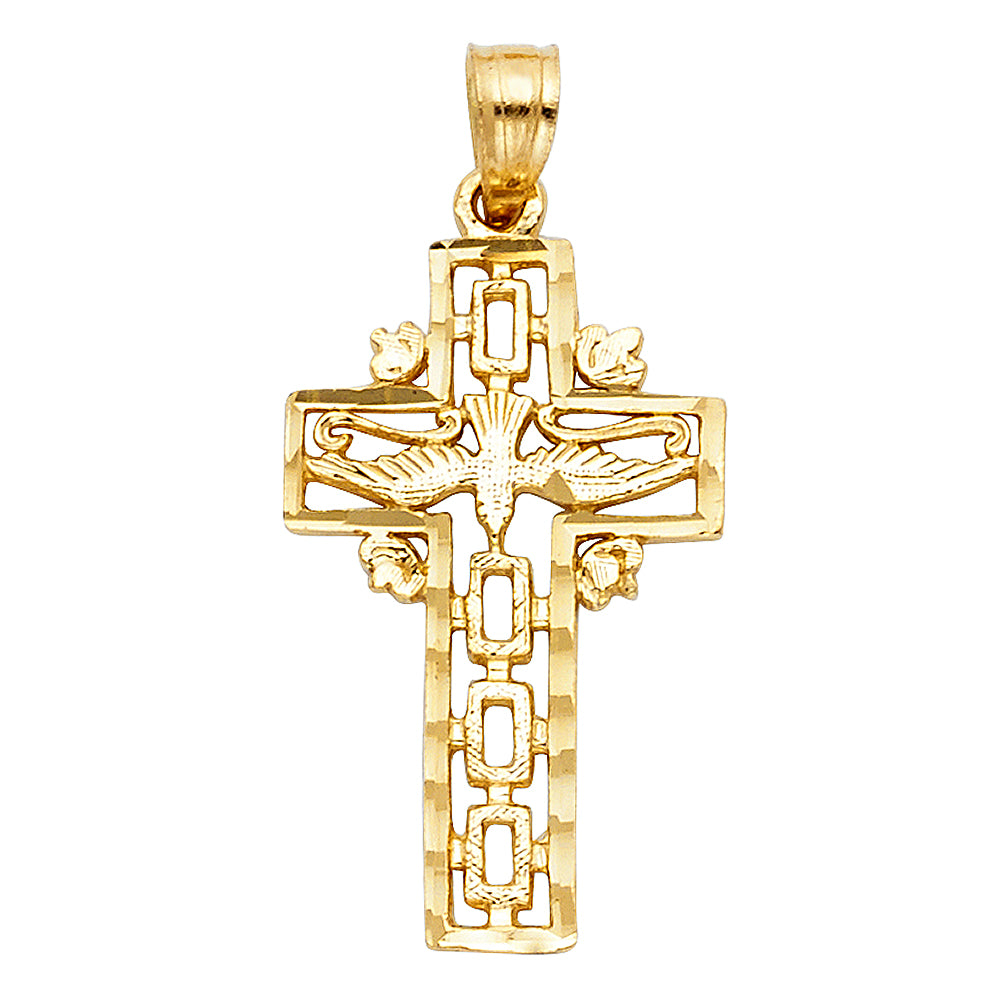 14k Yellow Gold Religious Cross with Holy Spirit Dove Charm Pendant  (25mm x 11mm)