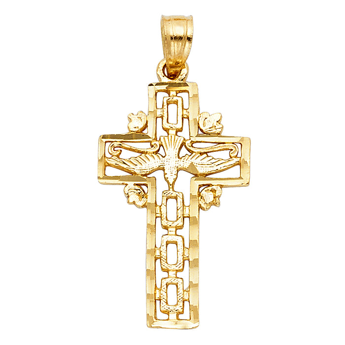 14k Yellow Gold Religious Cross with Holy Spirit Dove Charm Pendant  (25mm x 11mm)