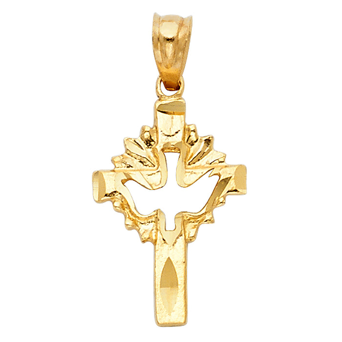 14k Yellow Gold Small/Mini Religious Cross with Holy Spirit Dove Charm Pendant  (18mm x 12mm)