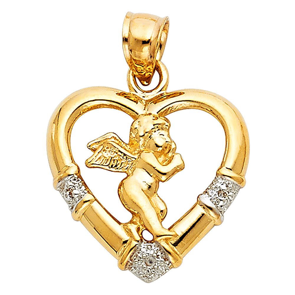 14k Yellow Gold with White CZ Accented Angel Charm Pendant  (19mm x 19mm)