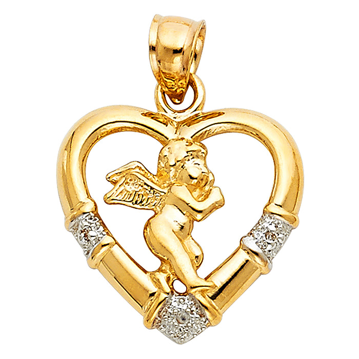 14k Yellow Gold with White CZ Accented Angel Charm Pendant  (19mm x 19mm)