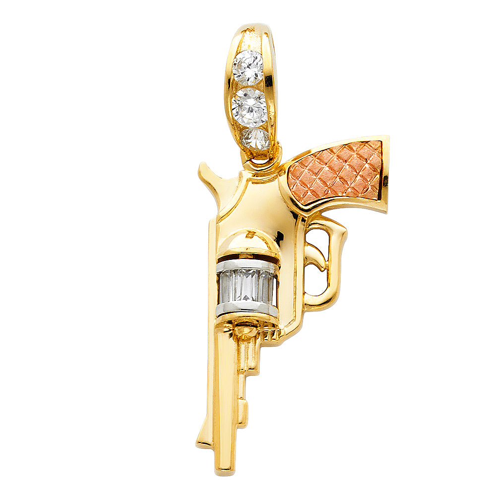 14K Tri-Color Gold Large Pistol Gun Charm Pendant  (35mm x 19mm)