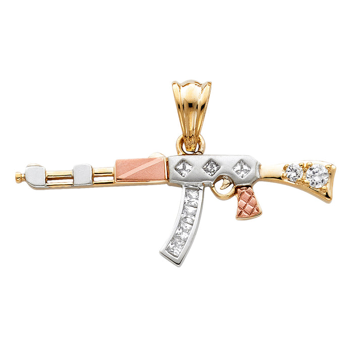 14K Tri-Color Gold with White CZ Accented Rifle Gun Charm Pendant  (16mm x 47mm)