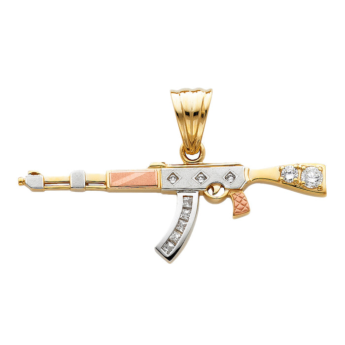 14K Tri-Color Gold Large CZ Rifle Gun Charm Pendant  (20mm x 65mm)