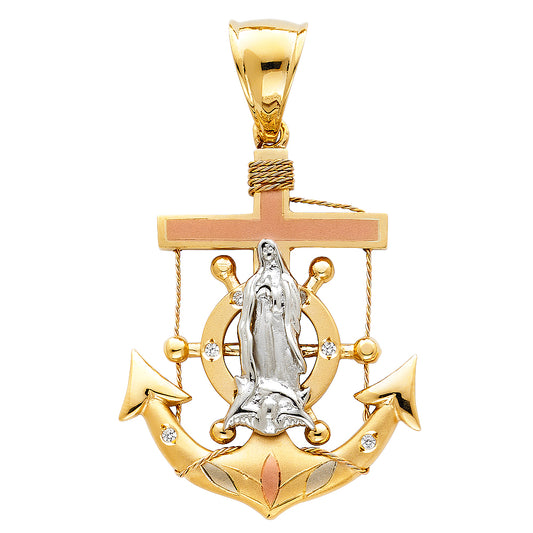 14K Tri-Color Gold Large Our Lady Of Guadalupe Charm Pendant  (40mm x 32mm)