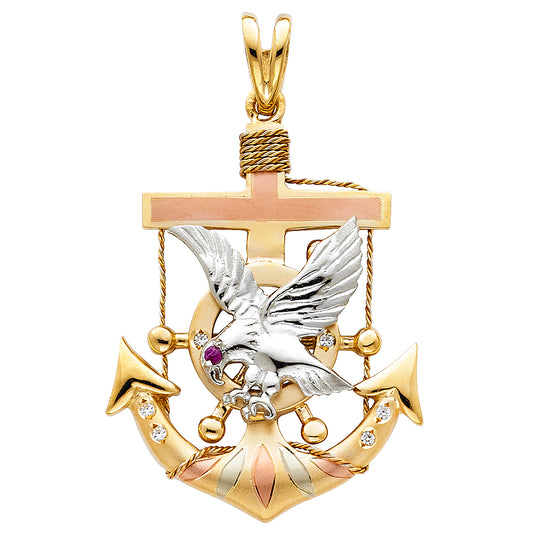14K Tri-Color Gold Large Eagle Anchor Charm Pendant  (28mm x 30mm)