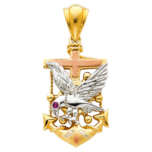 14K Tri-Color Gold Eagle Anchor Charm Pendant  (28mm x 17mm)