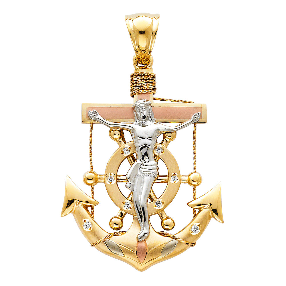 14K Tri-color Gold Large Religious Crucifix Anchor Charm Pendant  (40mm x 32mm)