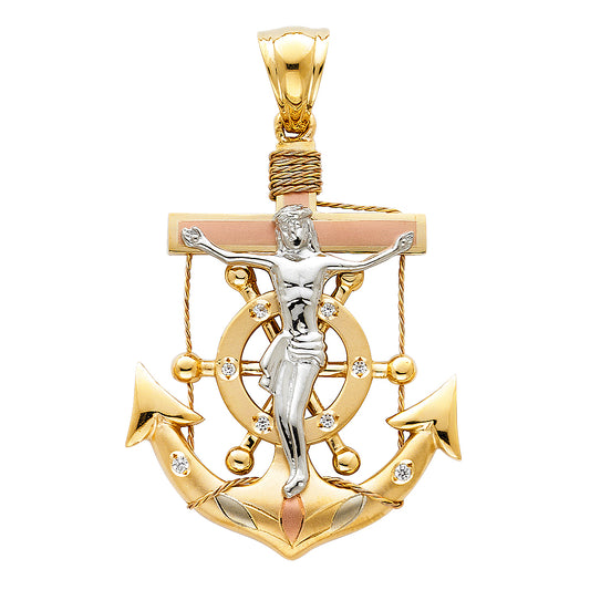 14K Tri-color Gold Large Religious Crucifix Anchor Charm Pendant  (40mm x 32mm)
