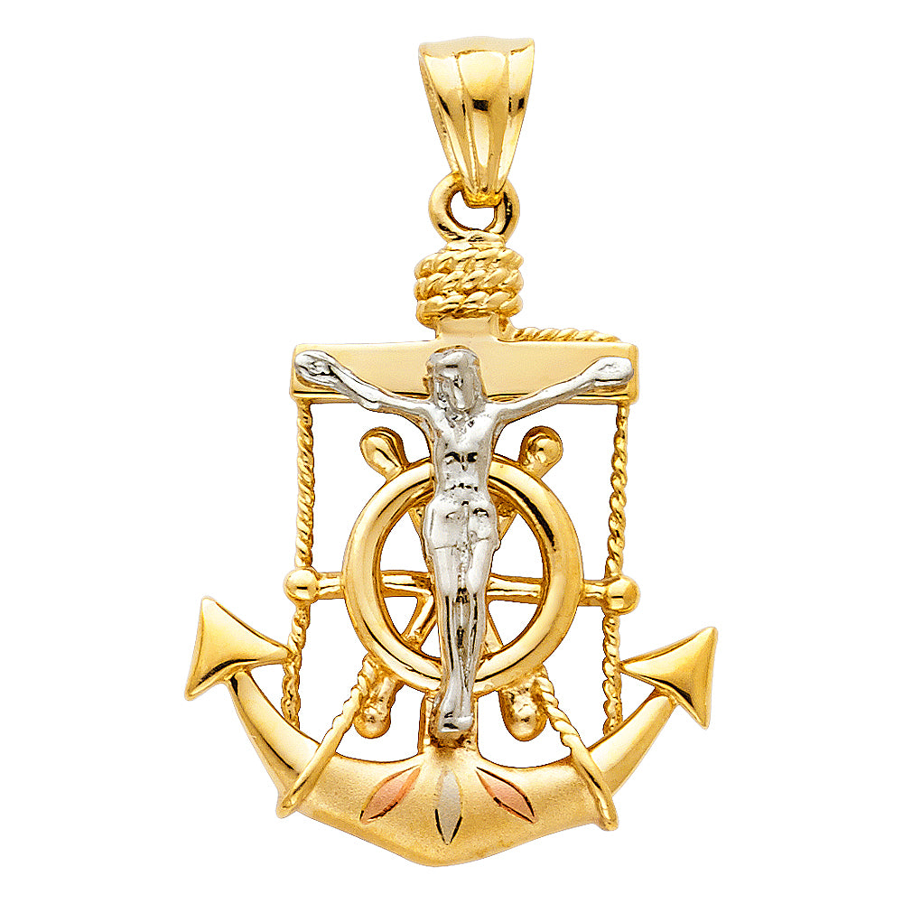 14K Tri-color Gold Religious Crucifix Anchor Charm Pendant  (26mm x 22mm)