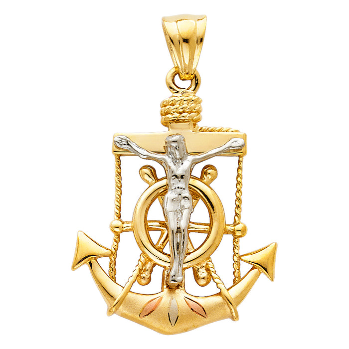 14K Tri-color Gold Religious Crucifix Anchor Charm Pendant  (26mm x 22mm)