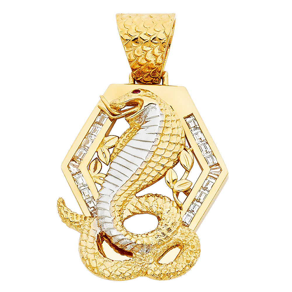 14K Two-tone Gold Large CZ Viper Snake Charm Pendant  (33mm x 29mm)