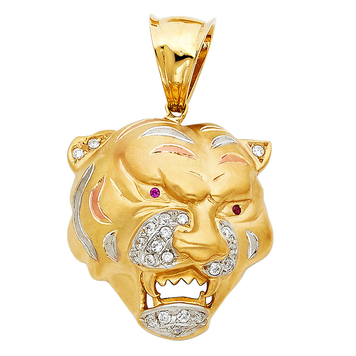 14k Yellow Gold Large CZ Tiger Charm Pendant  (31mm x 29mm)