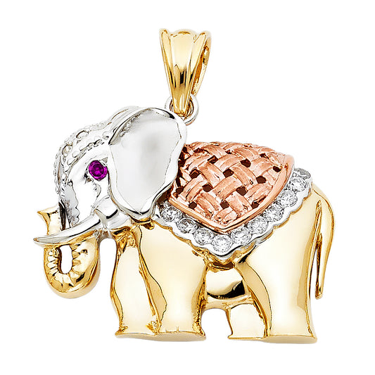 14K Tri-Color Gold Large CZ Elephant Charm Pendant  (27mm x 33mm)