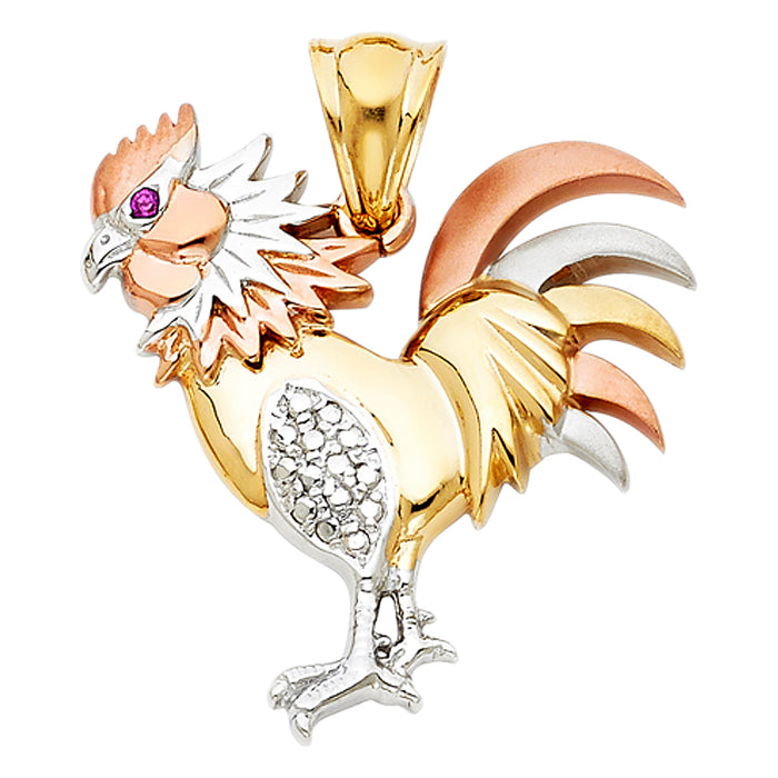 14K Tri-Color Gold Large CZ Rooster Charm Pendant  (30mm x 30mm)