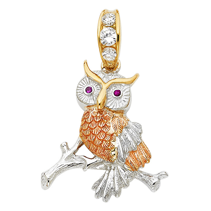 14K Tri-Color Gold Large CZ Owl Charm Pendant  (30mm x 29mm)