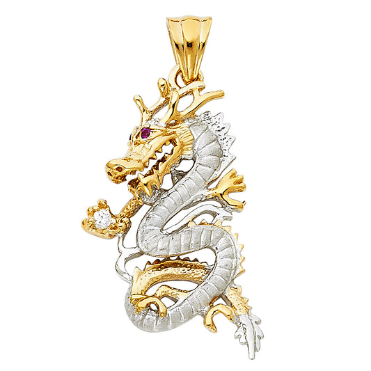 14K Two-tone Gold with White CZ Accented Dragon Charm Pendant  (29mm x 18mm)
