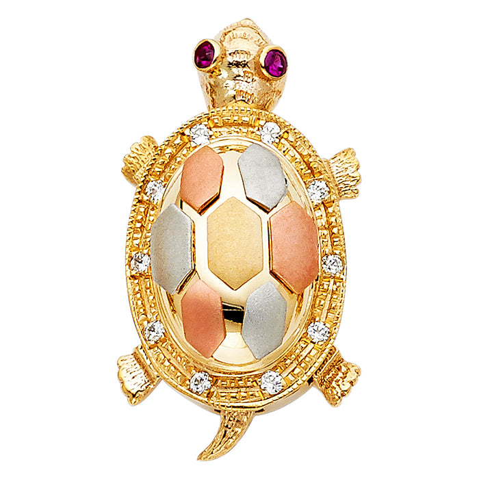 14K Tri-Color Gold Large CZ Turtle Charm Pendant  (30mm x 15mm)