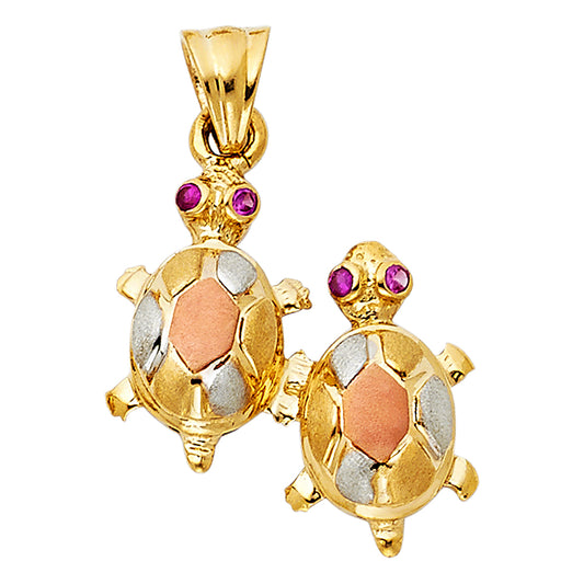 14K Tri-Color Gold Twin Turtle Charm Pendant  (22mm x 20mm)