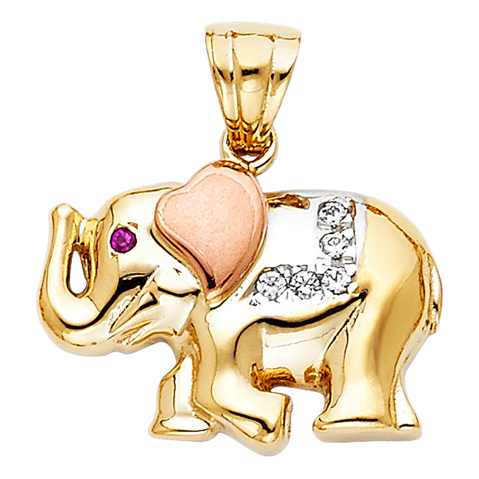 14K Tri-Color Gold with White CZ Accented Elephant Charm Pendant  (15mm x 20mm)