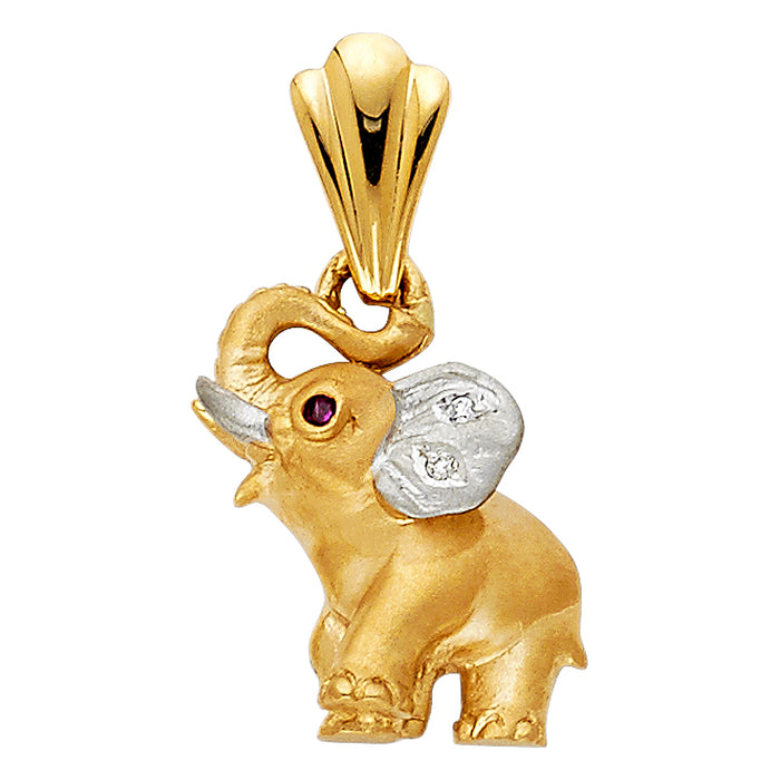 14K Two-tone Gold with White CZ Accented Elephant Charm Pendant  (17mm x 14mm)