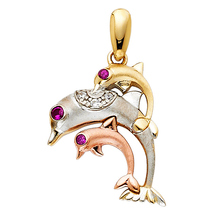 14K Tri-Color Gold with White CZ Accented Dolphin Charm Pendant  (20mm x 15mm)