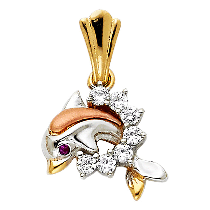 14K Tri-Color Gold with White CZ Accented Dolphin Charm Pendant  (13mm x 15mm)