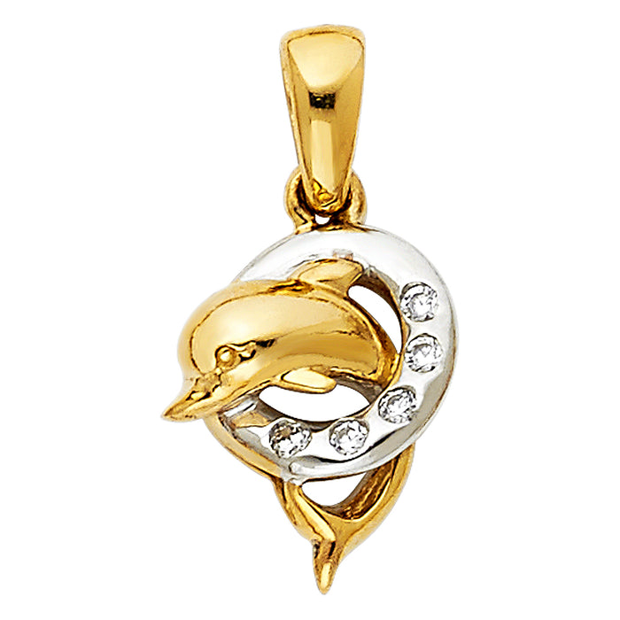 14K Two-tone Gold with White CZ Accented Dolphin Charm Pendant  (15mm x 11mm)