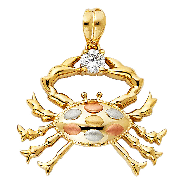 14K Tri-Color Gold with White CZ Accented Crab Charm Pendant  (22mm x 25mm)