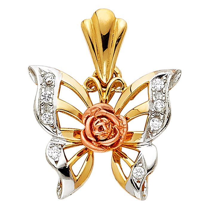 14K Tri-Color Gold with White CZ Accented Butterfly Charm Pendant  (17mm x 19mm)