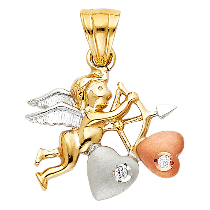 14K Tri-Color Gold with White CZ Accented Cupid Charm Pendant  (16mm x 19mm)