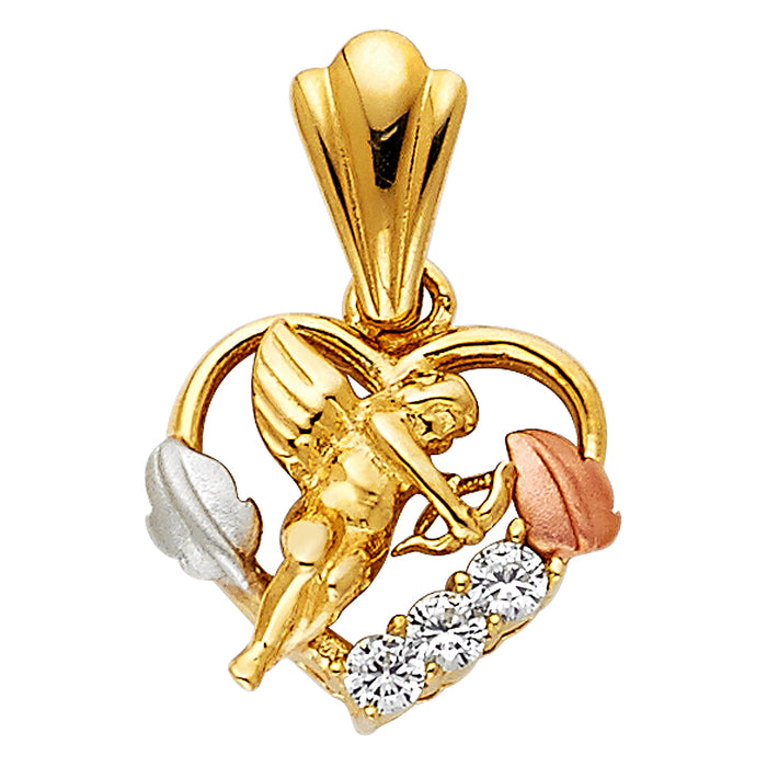 14K Tri-Color Gold with White CZ Accented Cupid Charm Pendant  (14mm x 15mm)