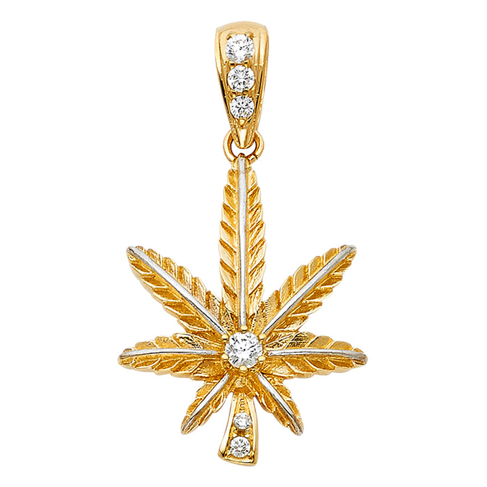 14k Yellow Gold with White CZ Accented Marijuana Leaf Charm Pendant  (30mm x 24mm)