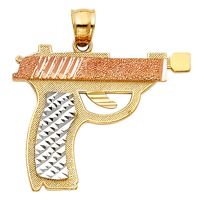 14K Tri-Color Gold Pistol Gun Charm Pendant  (22mm x 29mm)